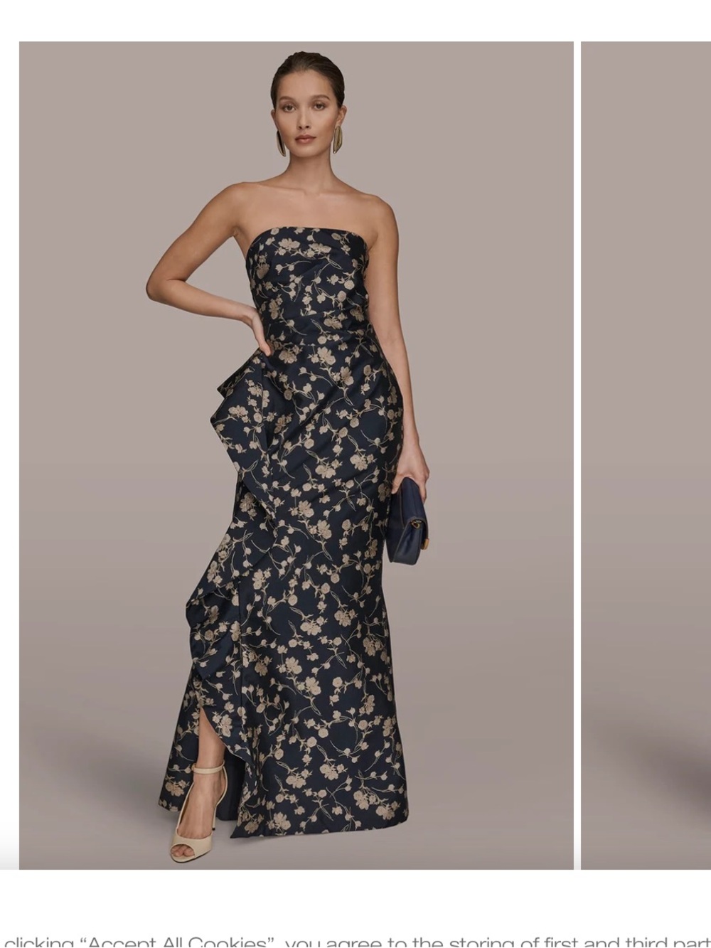 Donna Karan Strapless Floral Gown in Navy and Cream